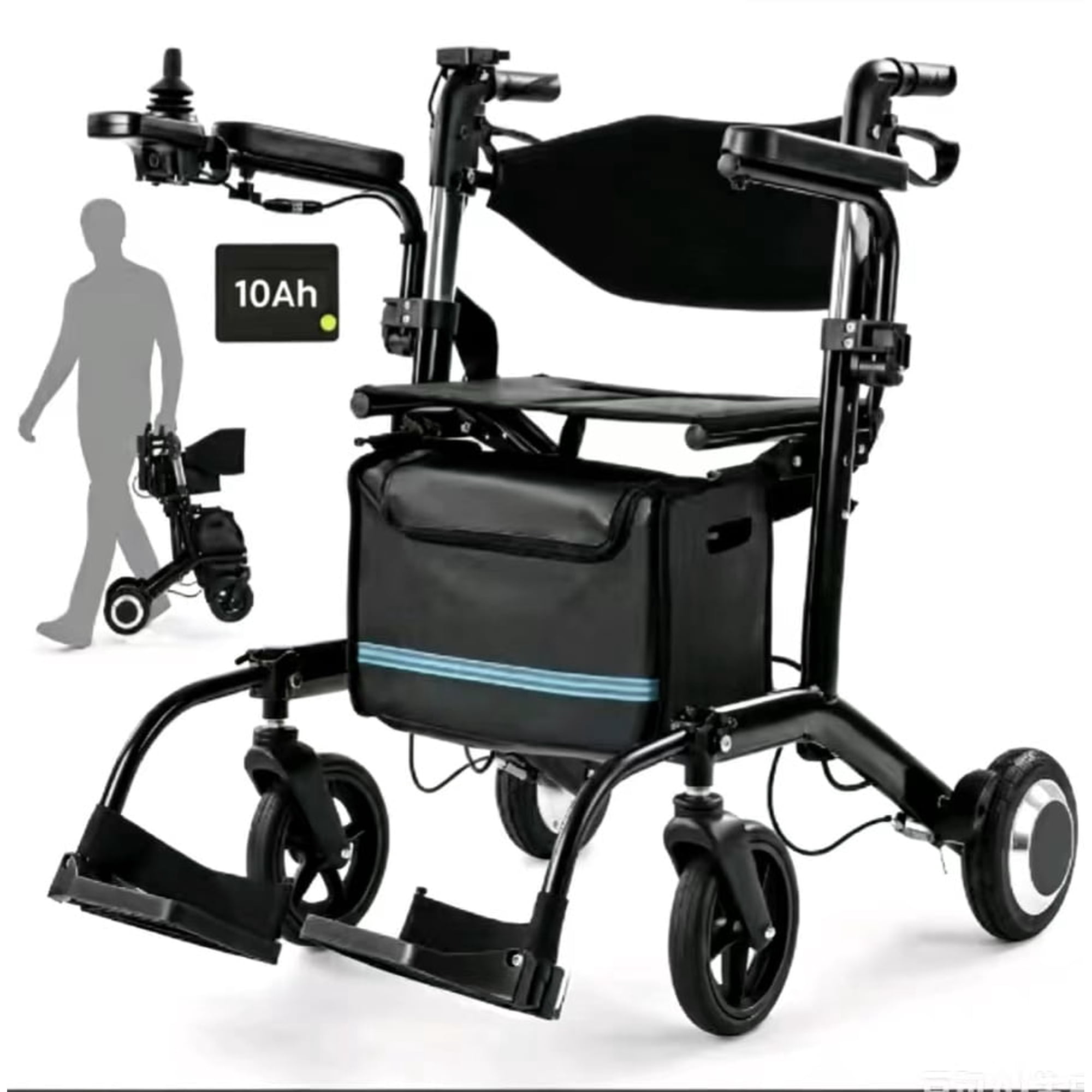 4 in 1 Wheelchair Rollator Walker Combo，39lbs Lightweight Electric Wheelchair for Adults，Foldable All Terrain Electric Rollator Walker with Seat for Seniors, 10Ah Battery, Black