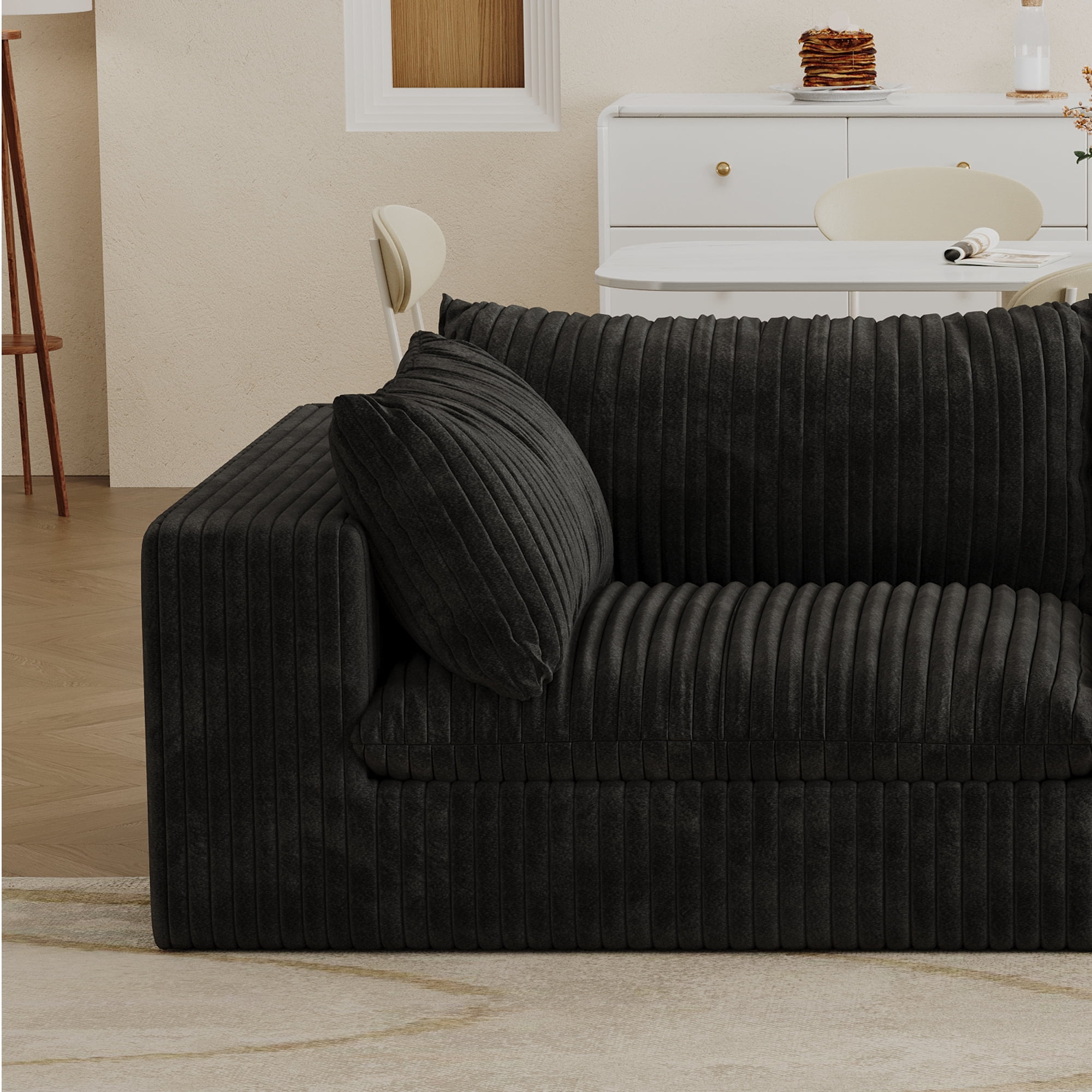 MAYEERTY Cloud Sofa Black Corduroy Deep Seat Double-Layer Removable Cushion No Assembly Multi-Rooms