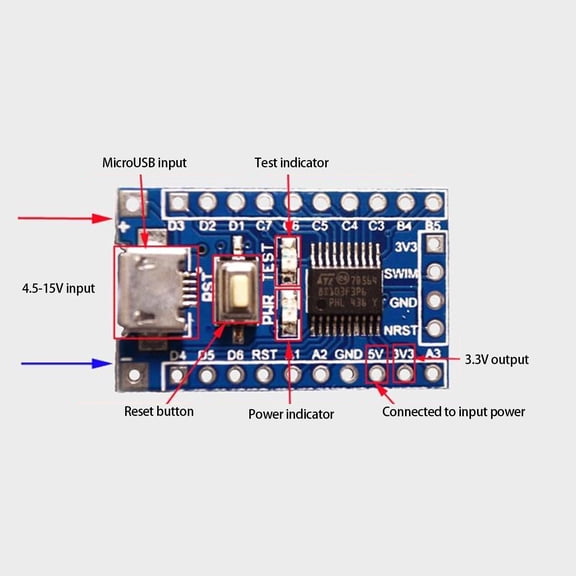 Naierhg Electronic Module SWIM Debugging 2.54 Pin 10,000 Times Erasable Reset Button Micro USB STM8S Development Board Blue