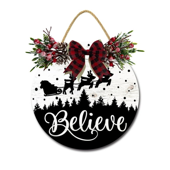 Believe Door Sign Home Decor Round Wood Wreaths Wall Hanging Sign Farmhouse Porch Sign Front Door Decoration for Housewarming Gift All Seasons Holiday,12In