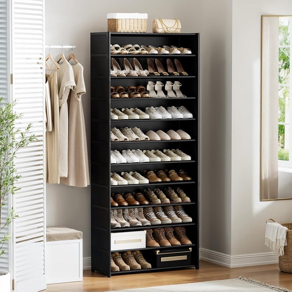 Shoe Rack, 12-Tier Non-Woven Shoe Rack Shelf, Holds 36–48 Pairs, Space-Saving Shoe Organizer for Closet, Garage, Corridor & Entryway, Sturdy and Stackable, Black