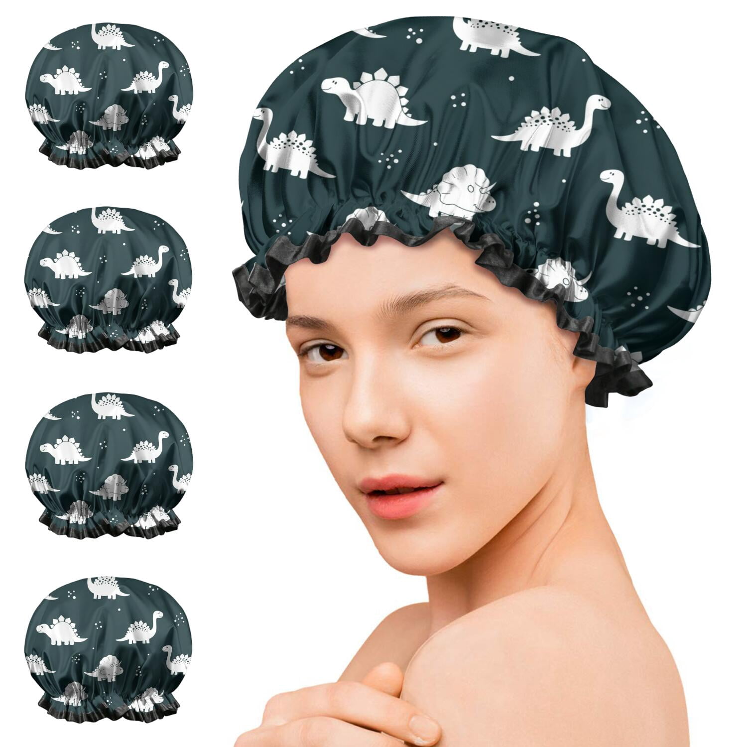 Shower Caps,Black Dinosaurs Silhouette Pattern Waterproof Shower Cap for Women 4 Pieces,Double Reusable Hair Cover for Shower PEVA Elastic Stretch Hem