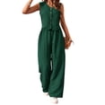 thumbnail image 3 of Women's Summer Two Piece Outfit Linen Cotton Sleeveless V Neck Button Down Vest High Waist Wide Leg Pants Set Office Lady Suit - Casual Summer Business Suits Tracksuit 2026 Dark Green S, 3 of 6