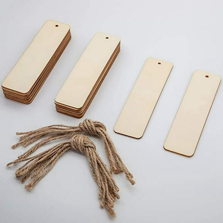 Wood Bookmark Bulk Blank Bookmarks with Ropes Wooden Book Markers Rectangle  Thin Hanging Tag with Holes