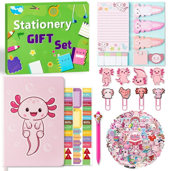 Haooryx Stationery Set - Axolotl Notebook Sticky Notes Pen Stickers Bookmark Paperclip Set for Students & Teachers Supplies