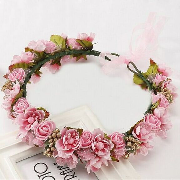 Pxiakgy Women's Boho Flower Crown Adjustable Sunflower Floral Headband Wedding Bridal Headpiece Women Bridal Flower Garland Headband Flower Crown Hair Wreath Pink One Size