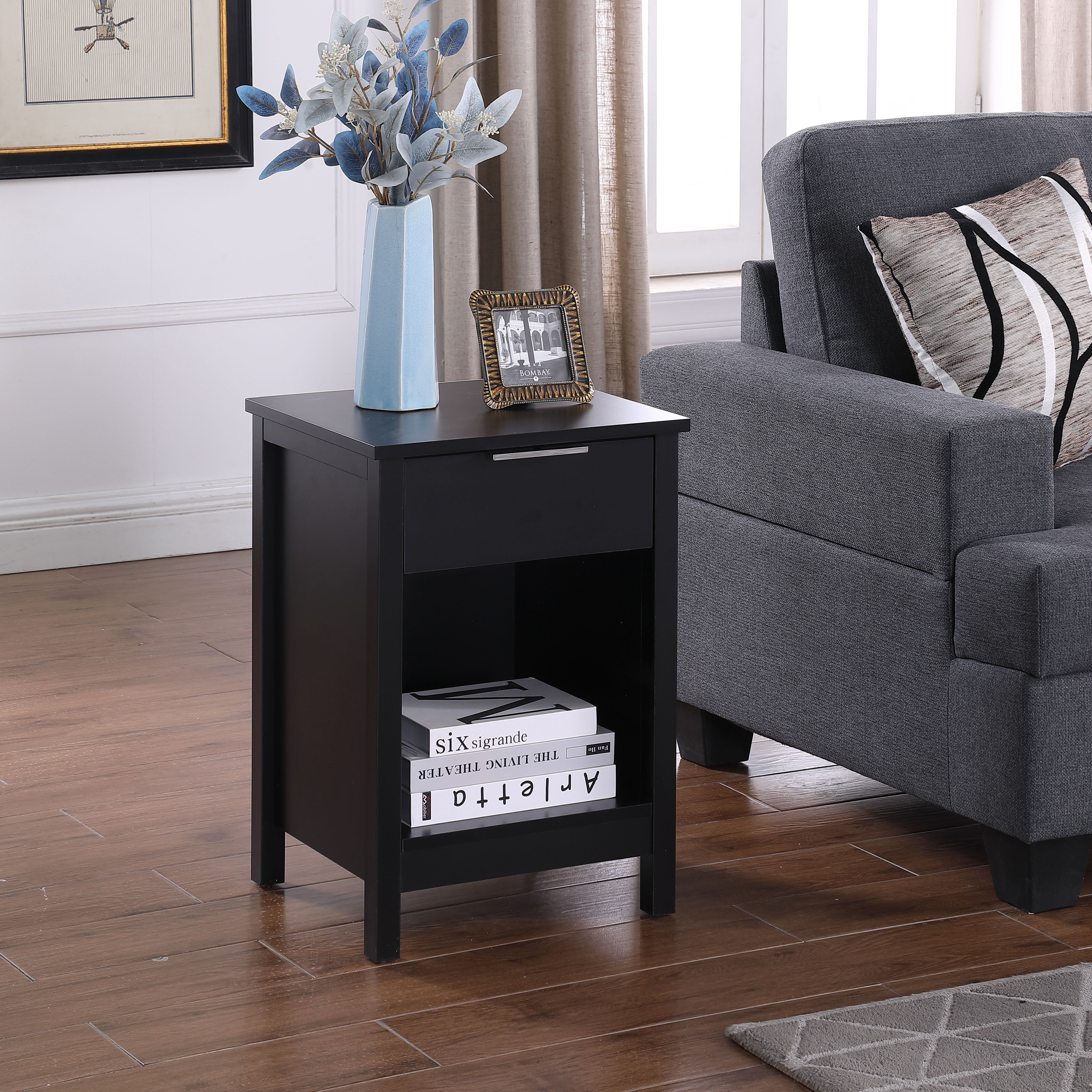 Nightstand with Drawer,3-Tier End Side Table with Storage Drawer and Shelf,Modern Bedside Night Stand for Bedroom, Living Room-Retro Black