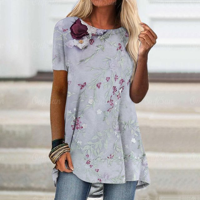 RWJDXD T-shirt Femme Mode Été Ample et Confortable Col Rond Imprimé Floral Manches Courtes Décontracté Mode Urbaine Quotidien
