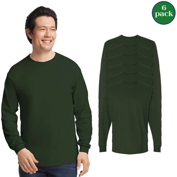 Gildan Ultra Cotton Long Sleeve T-Shirt for Men, Forest Green Color, Moisture Wicking Tee, 6 Pack, S
