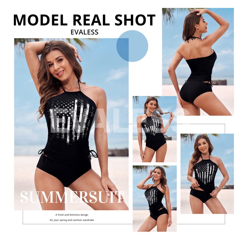 EVALESS Flag Printed Two Piece Cute Swimsuits for Women Halterneck