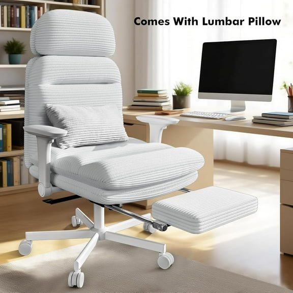 iooHug Cross Legged Office Chair with Footrest & 4D Flip-up Armrests, Criss Cross Home Desk Chair, Ergonomic Recliner with Lumbar Pillow, Corduroy Executive Chair with Adjustable Headrest, White