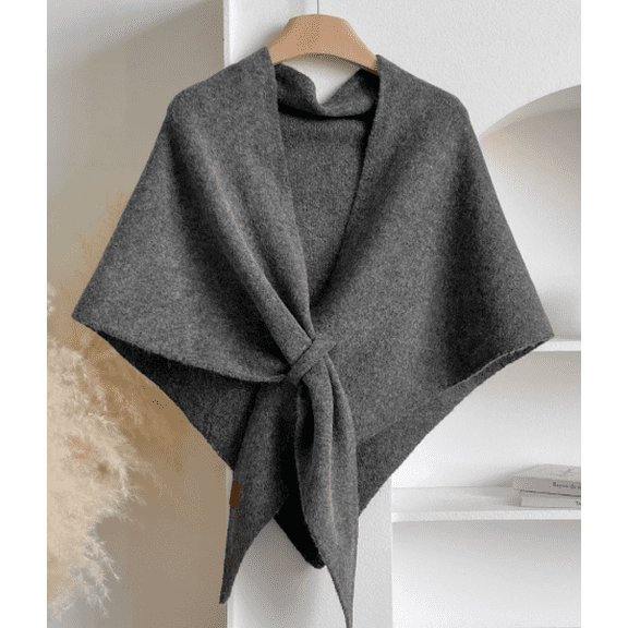 Women's Dark Grey Knitted Wool Blend Triangle Shawl, Soft Warm Fashionable Poncho Wrap, in Winter Scarf, Elegant Versatile Comfort
