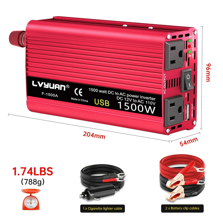 1500 watt inverter cigarette lighter Lvyuan 1500 Watts Peak Power Inverter Car Converter Adapter USB Charger Modified Sine Wave DC 12v to AC 110v Red