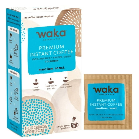 Waka Colombian Medium Roast, 100% Arabica Freeze Dried Premium Instant Coffee, Single-Serve 8 Ct Box