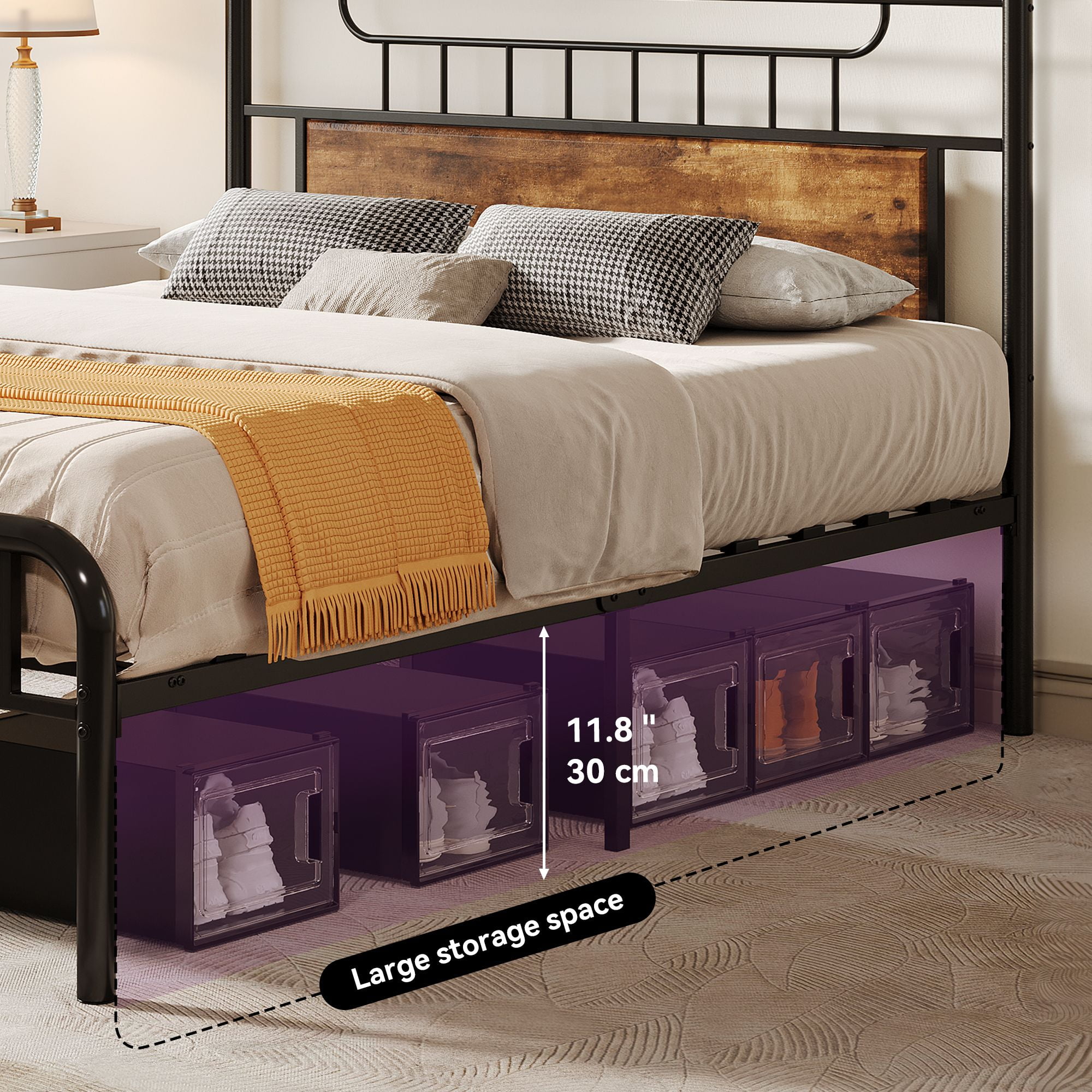 Uforic Farmhouse Queen Metal Platform Bed Frame with Headboard & Soundproof Cotton, Black