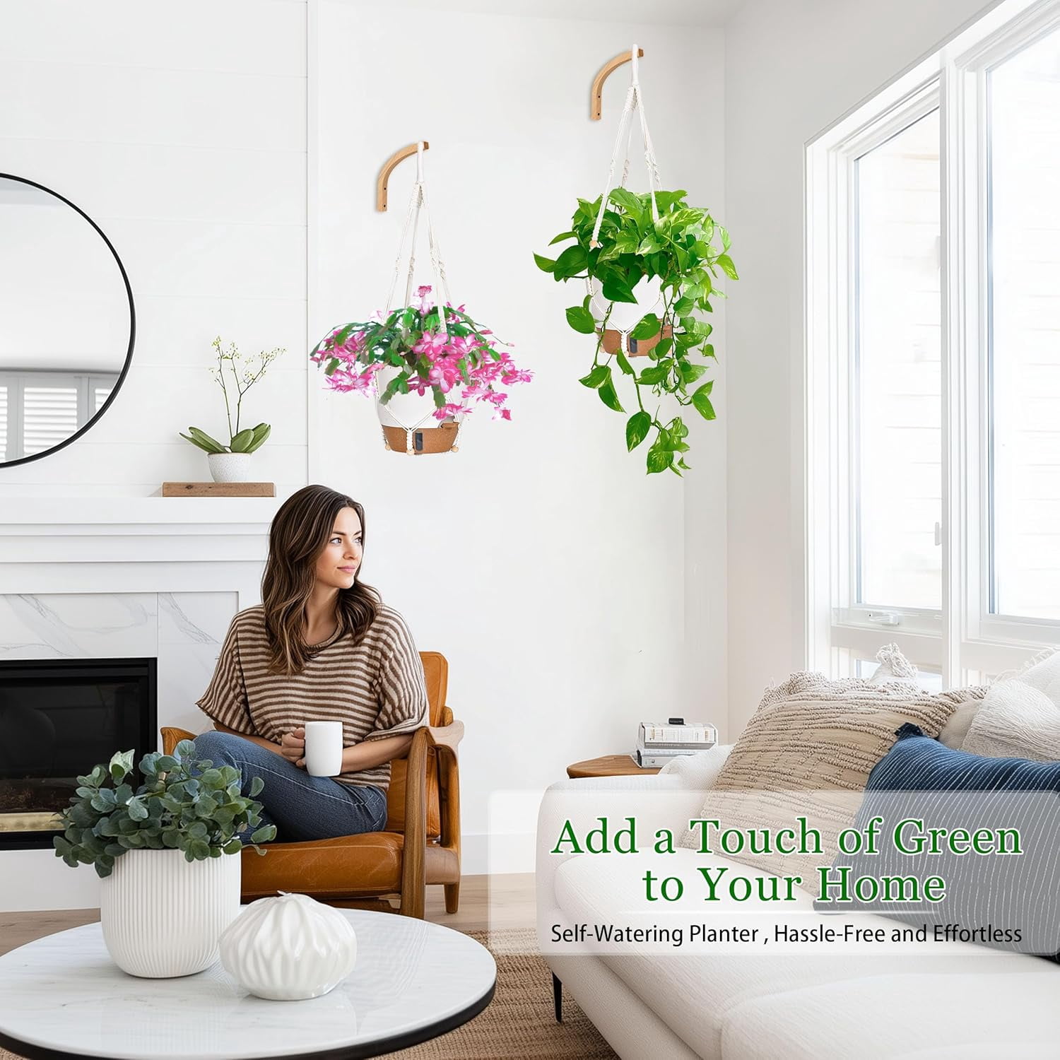 10 Inch for Indoor Plants, 2 Pack Self Watering Hanging Baskets Flower Pots with Drainage Hole, Visual Reservoir & 2 Kinds of Plant Hanger for Outdoor Garden Home Decor (White)