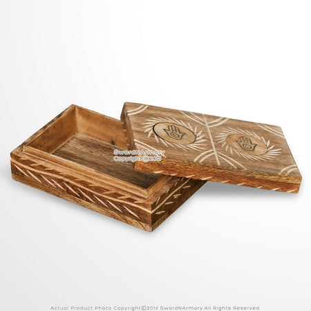 Handmade Decorative Wooden Craved Jewelry Trinket Box Natural Stained Finish
