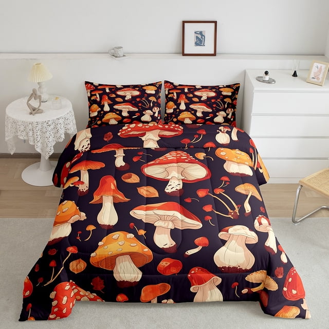 YST Ensemble de Couette Simple Champignon Rouge Ensemble de Literie Champignon Sauvage Orange Plantes Botaniques Couette Couette Violet Foncé Couette Dessin Animé Femmes Décoration de Chambre Légère 2 Pcs