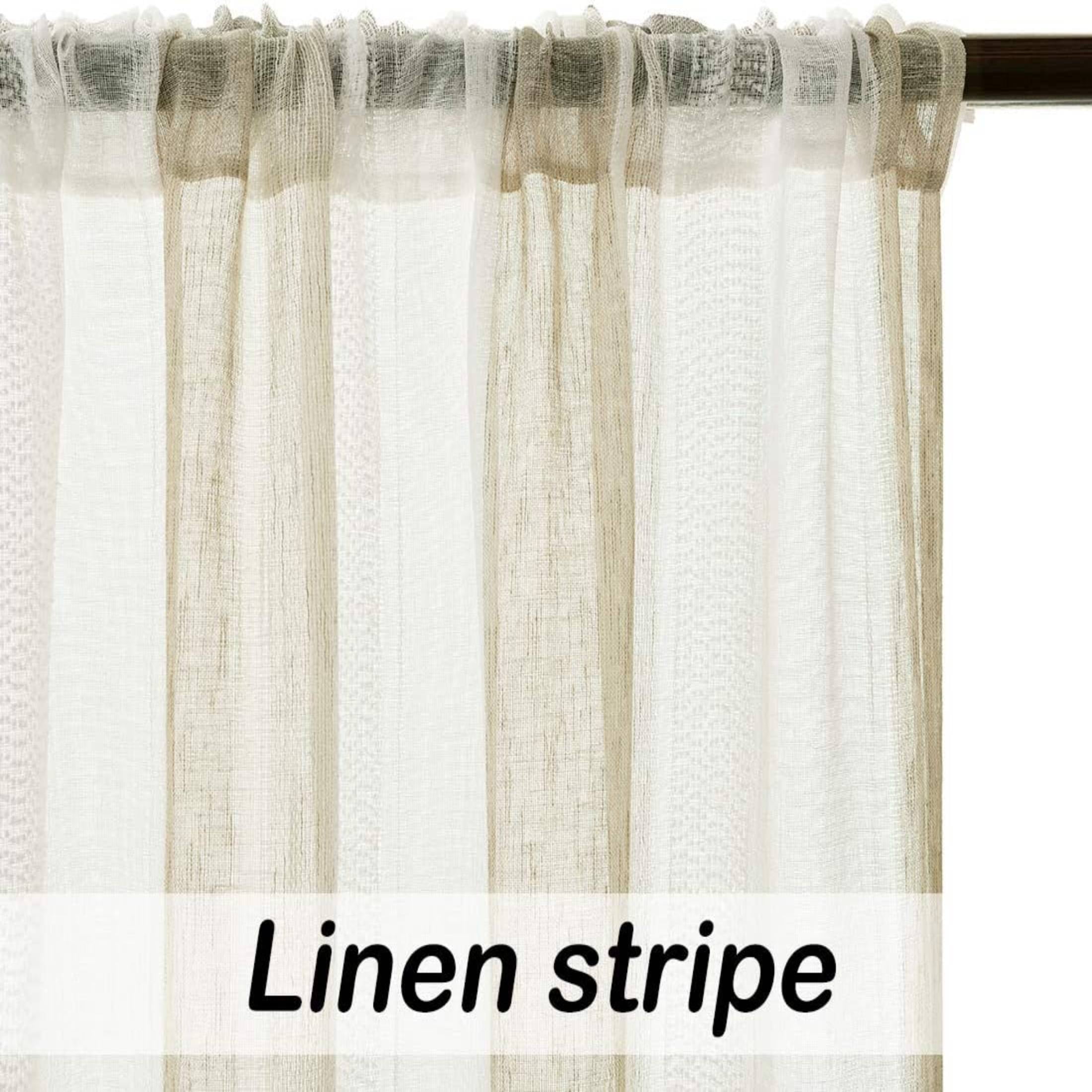 Uptown Home Beige White Stripe Sheer Window Curtain Panels for Living Room Farmhouse Yarn Dyed Linen Filtering Light Rod Pocket Bedroom Drapes, 50"x 84"x2