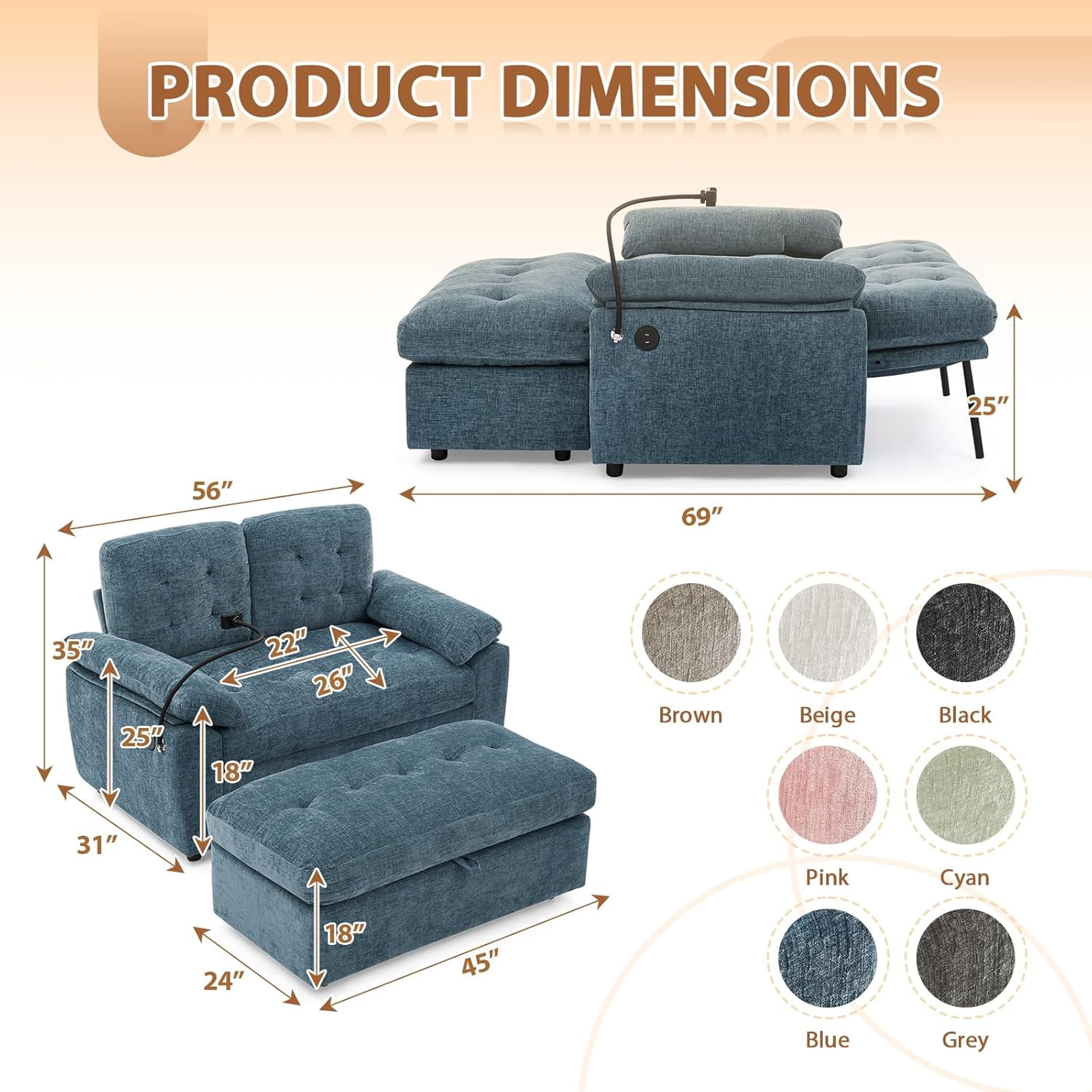 MOONMISS Oversized Chaise Lounge Chair Indoor with Ottoman&Adjustable Backrest,Chenille Tufted Recliner Sofa Chair with USB&Phone Holder,Convertible Sleeper Couch Bed for Living Room,Blue