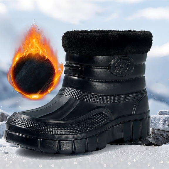 AUDeals Black Winter Snow Boots, Water Resistant Mid Calf Shoes with Fleece Lining, Thick Sole Warm Comfort for Outings