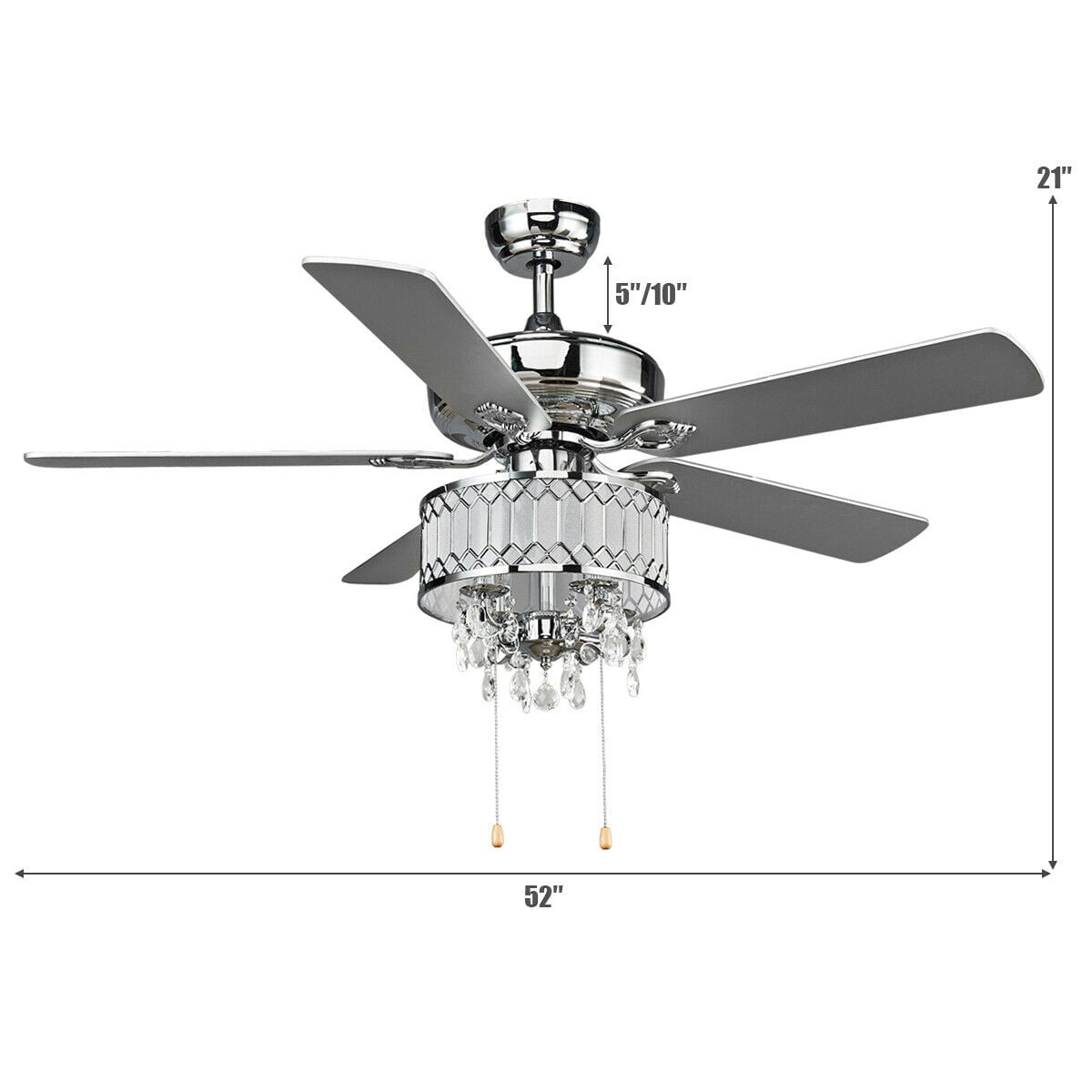 Costway 52 in Classical Crystal Ceiling Fan Lamp w/ 5 Reversible Blades Pull Chain Home Silver