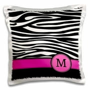3dRose Letter M monogrammed black and white zebra stripes animal print with hot pink personalized initial, Pillow Case, 16 by 16-inch