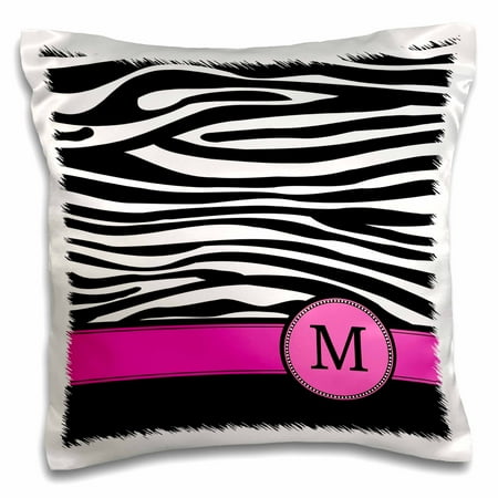 3dRose Letter M monogrammed black and white zebra stripes animal print with hot pink personalized initial, Pillow Case, 16 by 16-inch