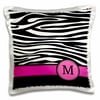 3dRose Letter M monogrammed black and white zebra stripes animal print with hot pink personalized initial, Pillow Case, 16 by 16-inch