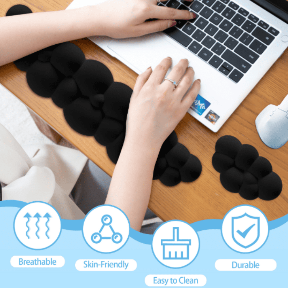 Black Cloud Keyboard Wrist Rest Set,Cloud Wrist Rest with Non-Slip Base,PU Leather Wrist Pad for Keyboard with Ergonomic Memory Foam for Computer Laptop Office Gaming and Pain Relief