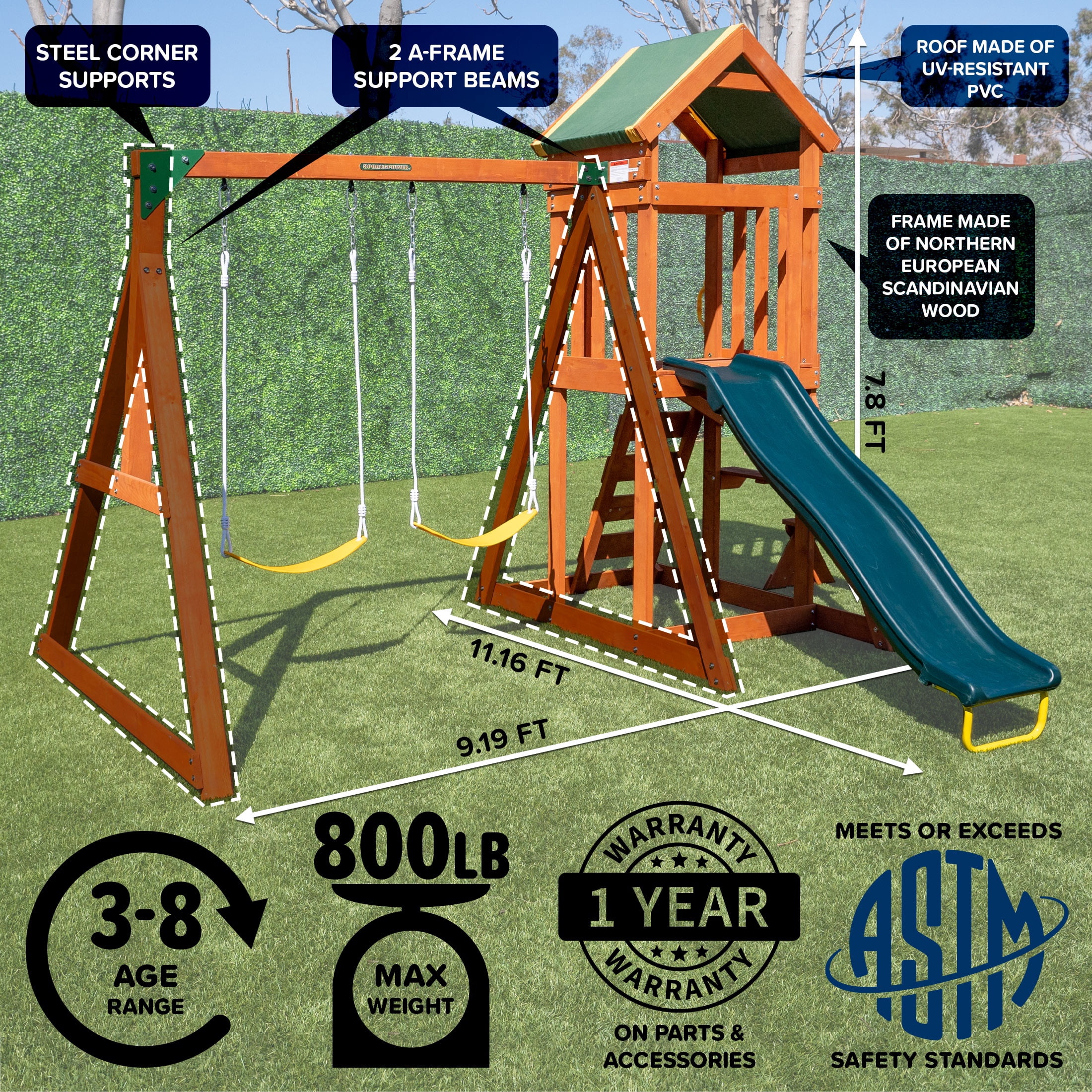 Sportspower Scottsdale Wood Swing Set with 2 Adjustable Belt Swings, Play Fort with Sandbox, Rock Climber, & Covered Deck, and 6-FT Slide, BONUS Anchor Kit Included, for Kids Aged 3-8