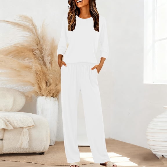 3/4 Sleeve Spring Pajamas for Women Casual Long Sleeve Crewneck Pullover Sleepwear Top and Bottom