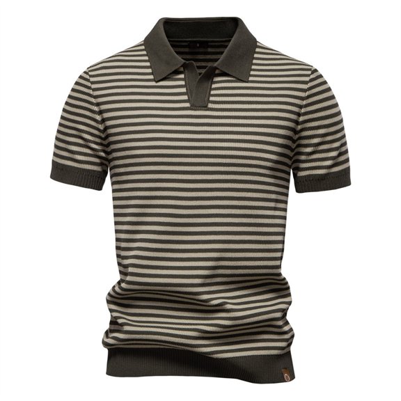 SGFCWSX Mens Polo Shirts Short Sleeve Striped Knit Slim Fit V-Neck Casual Golf Shirts for Men Army Green Size L
