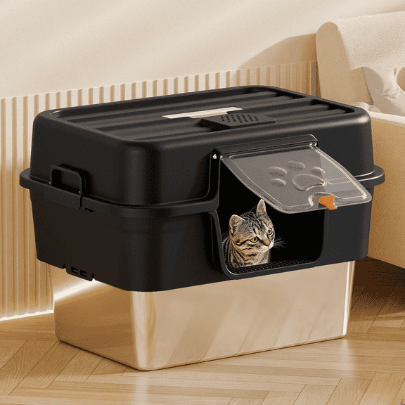 XL Stainless Steel Litter Box with Lid，Extra Large 22.5"L*16.5"W*15.7"H Metal Cat Litter Boxs,Jumbo Enclosed Removable Litter Box High Sides For Big Cats,with Cat Litter Scoop, Leak-Proof