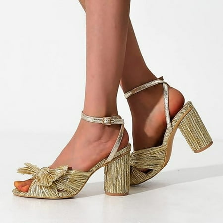 Womens Heeled Sandals Pleated Bow Knot Ankle Strap Open Toe High Block Chunky Heels Sandals Dress Bridal Wedding Shoes Pumps