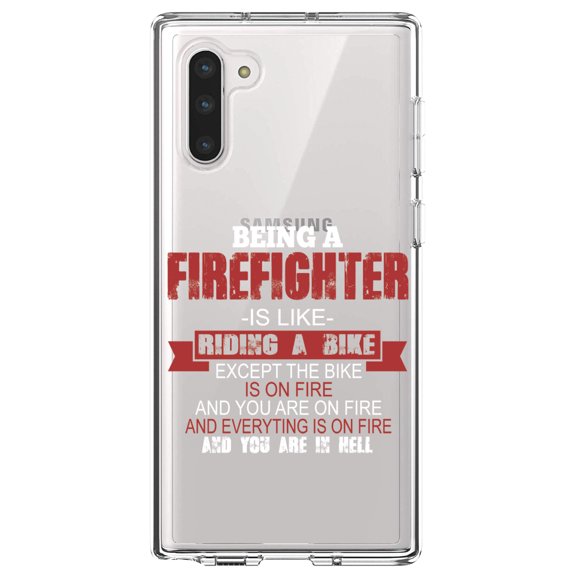 DistinctInk Clear Shockproof Hybrid Case for Samsung Galaxy Note 10 (6.3" Screen) - TPU Bumper Acrylic Back Tempered Glass Screen Protector - Being a Firefighter is Like Riding A Bike On Fire