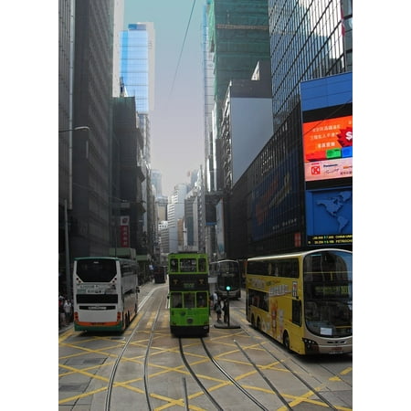 Hong Kong Bus LAMINATED POSTER Big City Bus Urban Tram City Hong Kong Skyscraper Poster Print 24 x 36 ()