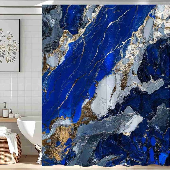 70x70 inch Navy Blue and Gold Abstract Marble Shower Curtain, Waterproof Polyester Fabric with Hooks for Bathroom Decor