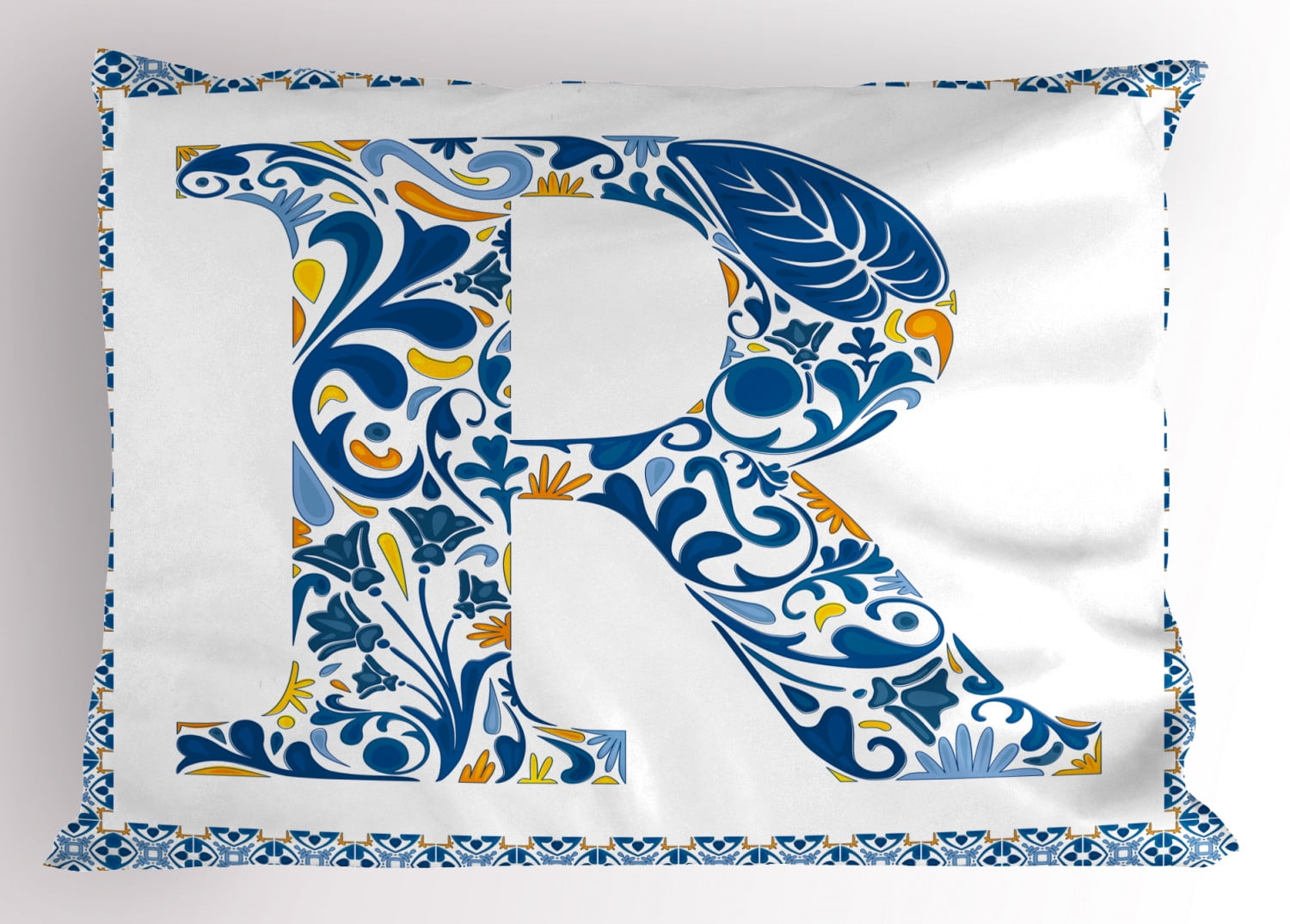 Letter R Pillow Sham Curly Blossoms Artistic Motifs Letter R Vintage Traditional Tiles Graphic