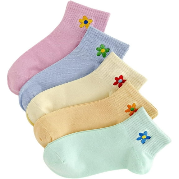 YooGuoGuo Women's 5 Pairs Flower Embroidery Toe seamed Soft Crew Socks