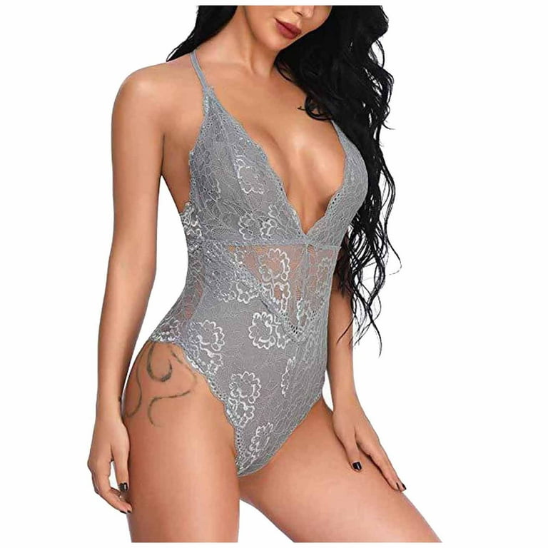 SELONE Plus Size Lingerie Set for Women One Piece Lace Sleeveless Ladies  Cool Girl Lingerie Solid Sedin Seductive Sling Jumpsuit Suit for Valentines  Day Anniversary Wedding Honeymoon Gray XXXL 