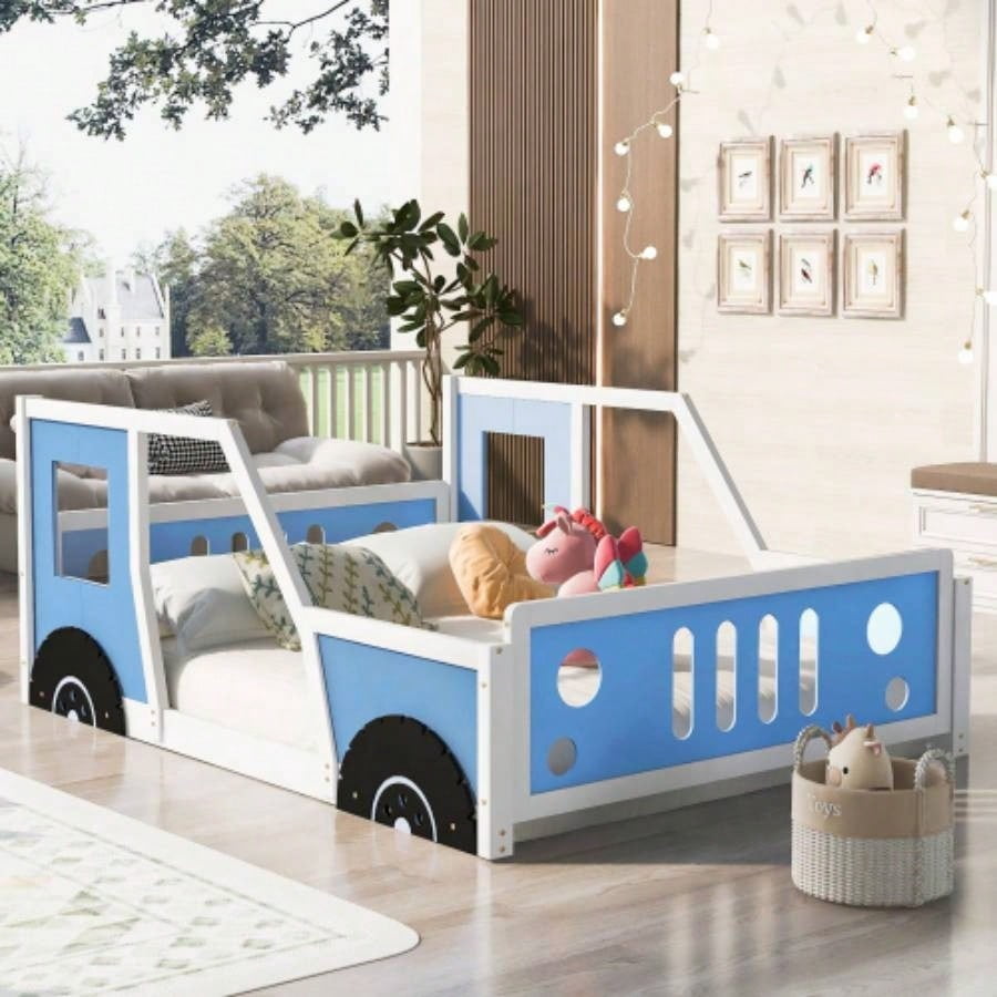 Full Size Classic Car - Shaped Platform Bed with Wheels, Blue