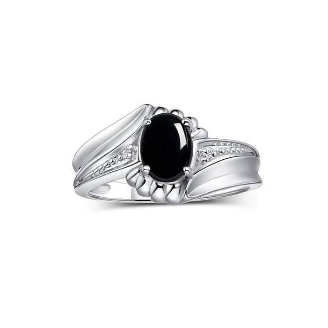 RYLOS Rings for Women Sterling Silver Swirl Z Ring 7X5MM Oval Gemstone & Diamond Rings October Cabochon Onyx Jewelry Size 9