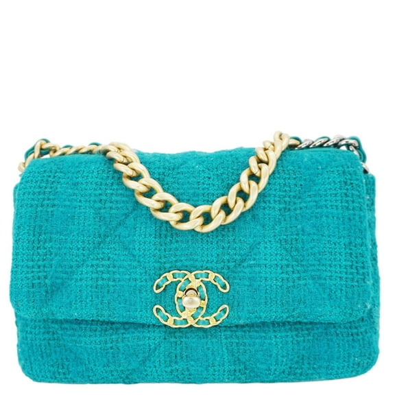 Pre-Owned CHANEL 19 Flap Medium Quilted Tweed Shoulder Bag Teal