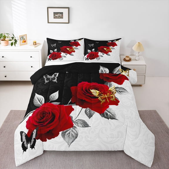 Homewish Boys Girls Chic Floral Red Rose Bedding Comforter Set 2pcs,Happy Valentine'S Day Twin Comforter Sets Microfiber,Romantic Couple Lover Butterflies Breathable Bedding Set