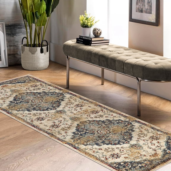 BNM Floral Medallion Border Indoor Runner Rug, 2' 7" x 8', Blue/ Cream