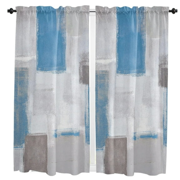 Blue Paint Square Graffiti Small Curtain Rod Pocket Short Curtains Half Drapes Partition Cabinet Door Window Curtains Home Decor