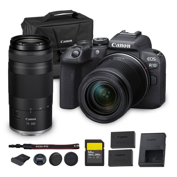 Canon EOS R10 Mirrorless Camera Kit | 24.2MP APS-C Sensor with RF-S 18-150mm Lens | 4K Video Dual Pixel AF Compact Travel Photography (5331C016)   Canon RF 75-300mm Lens   64GB Card   More