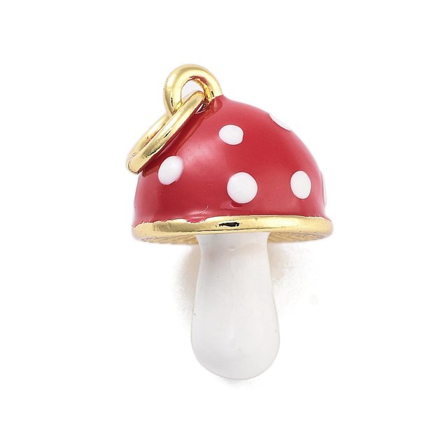 Real 18K Gold Plated Rack Plating Brass Enamel Charms with Jump Ring Long-Lasting Plated Lead Free & Cadmium Free 3D Mushroom Charm Red 15x10x10mm Hole: 3mm