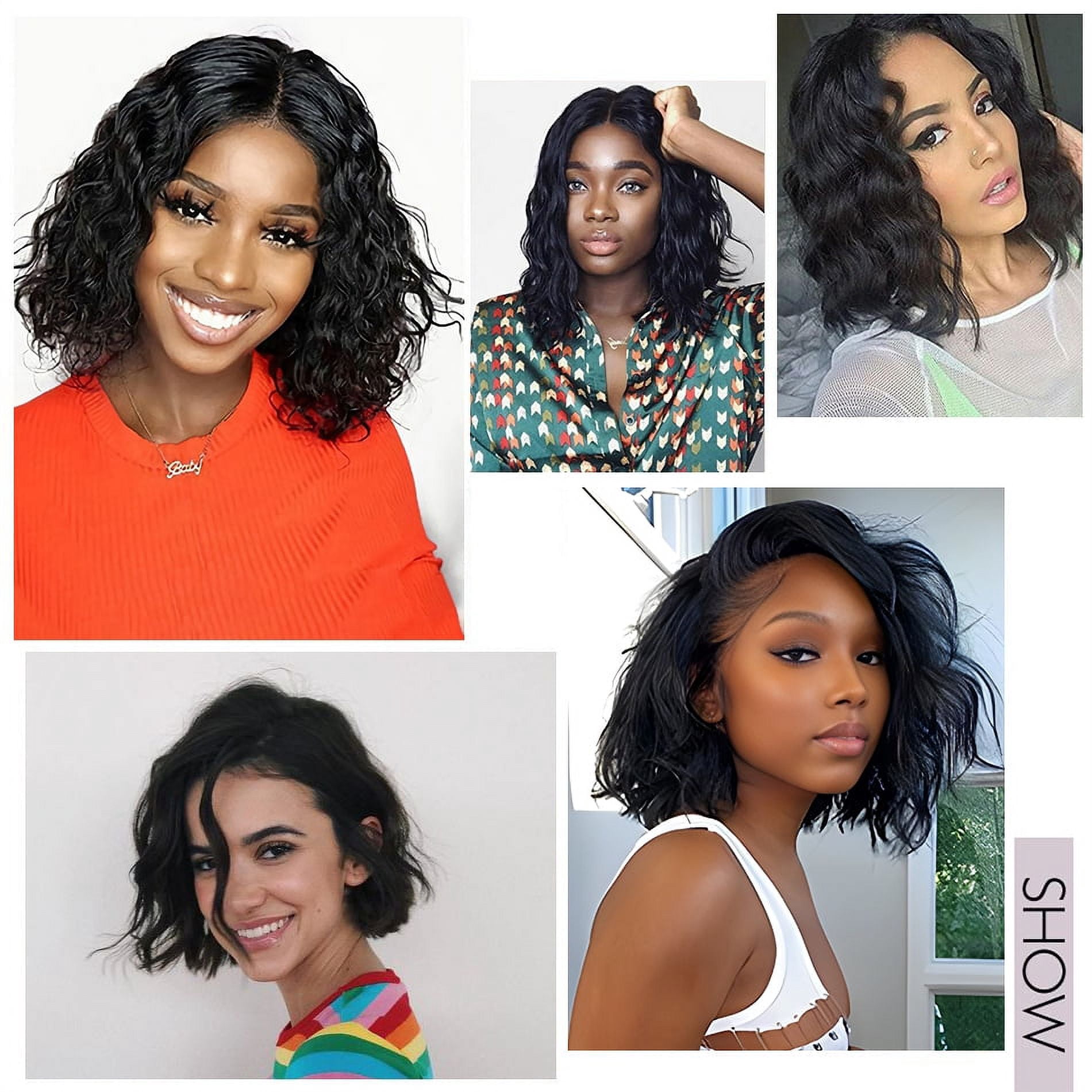DOPI Natural Wave Brazilian Human Hair Short Curly Wavy Wigs (Black 14inch )
